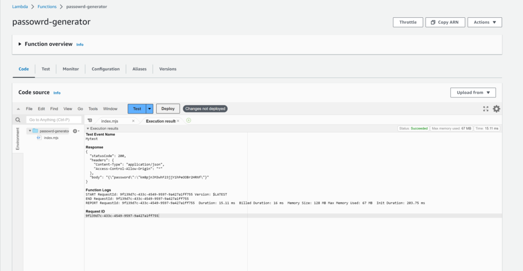 nodejs on aws lambda - test result