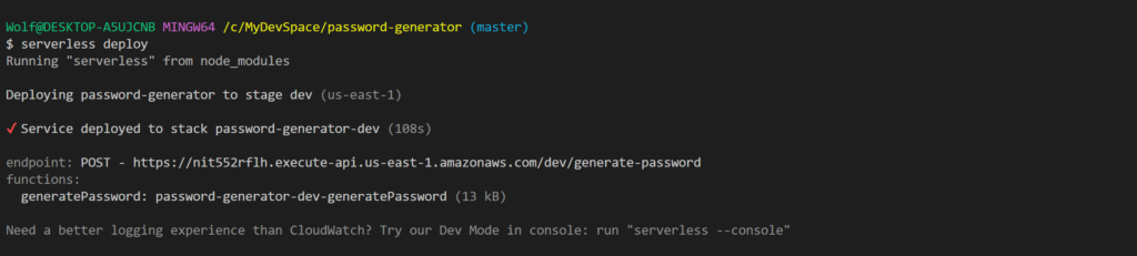 serveless typescript - deployment screenshot