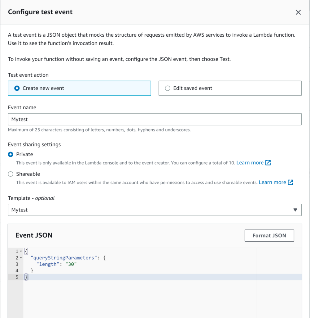 nodejs on aws lambda - test event